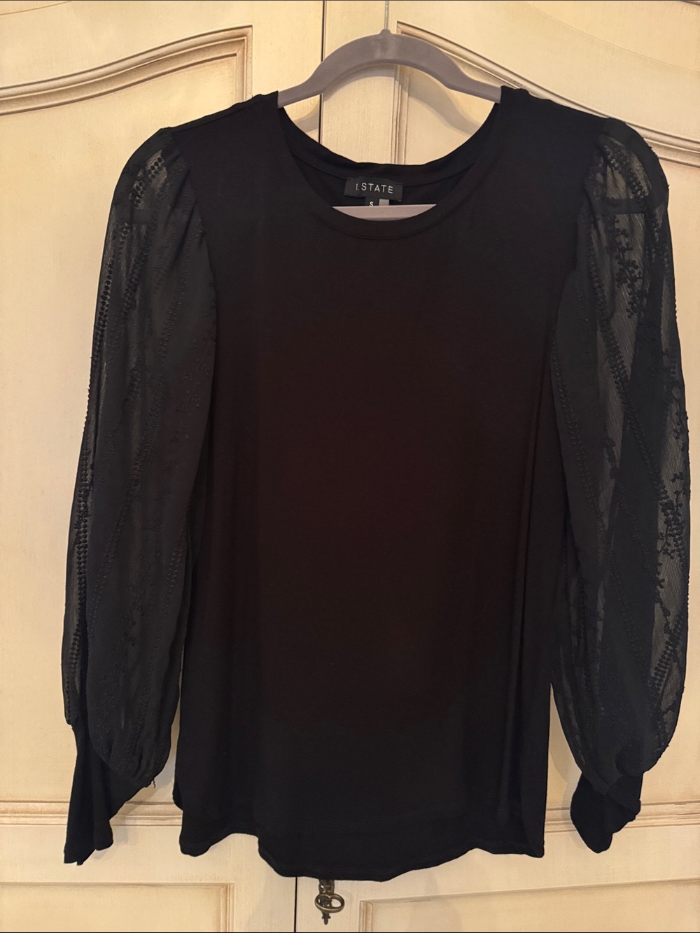 STATE Black Puff-Sleeve Sheer Lace Top